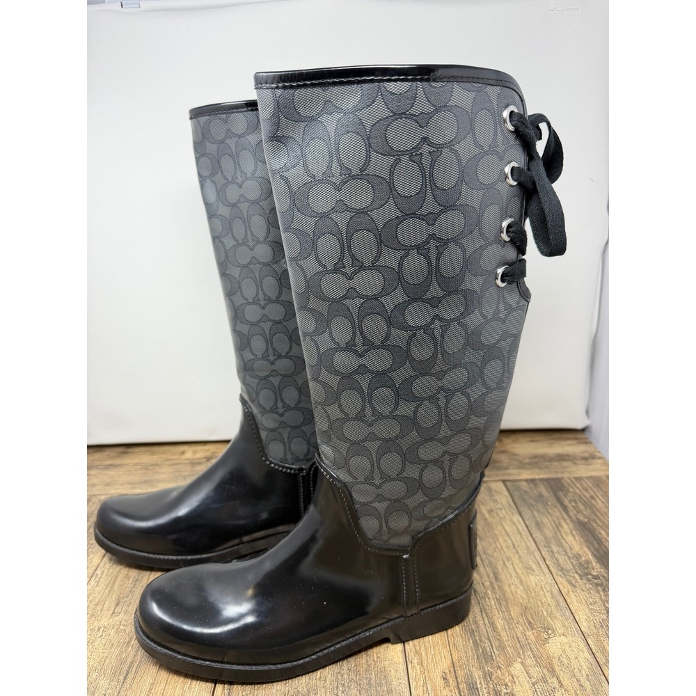 Coach Tristee Rain Boots Black Signature C Monogram Lace Up Tall Rubber 11M 41